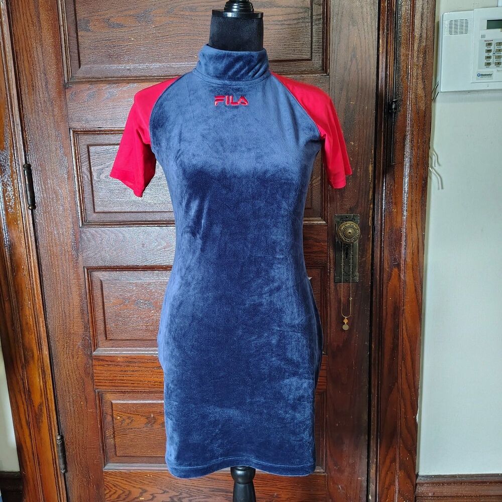 Sporty Mini Navy Velour Streetwear Bodycon Mesh Fila Dress Sz S/T610